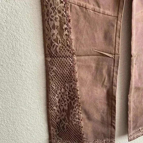 🆕Pretty Angel Coffee Lace-Accent Wide-Leg Linen Blend Pants S🆕 - Picture 5 of 12